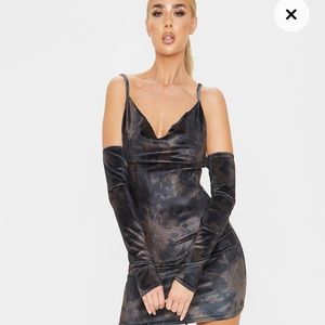 Pretty Little Thing Brown Tie Dye Velvet Cowl Neck Bardot Bodycon Dress